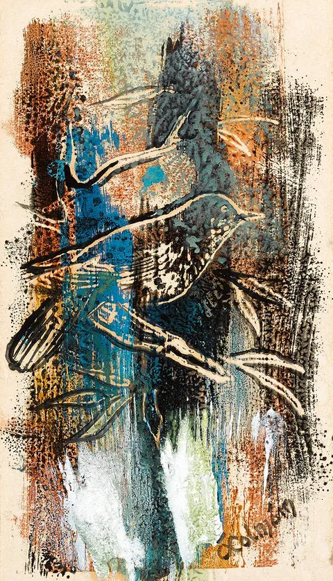 BIRD IN A TREE by Séamus Ó Colmáin, pastel and gouache, sold Oct 2021