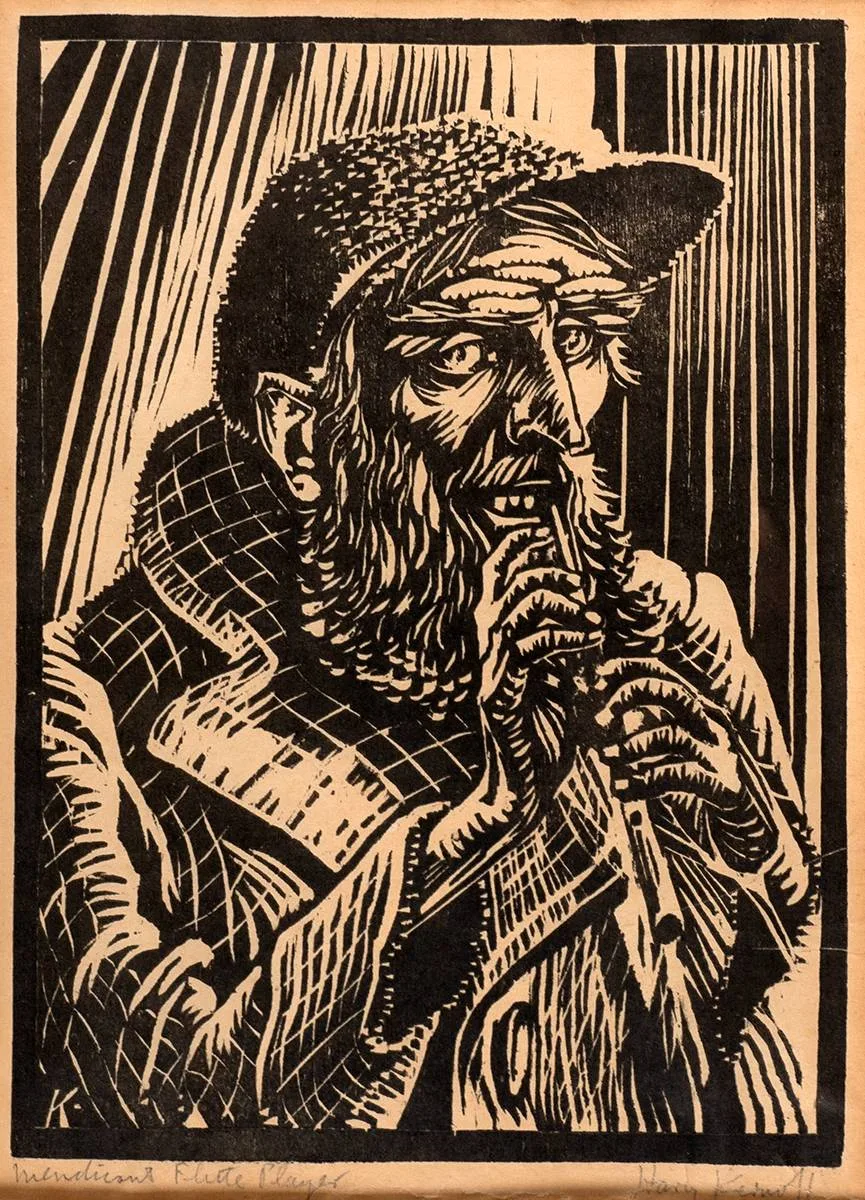 MENDICANT FLUTE PLAYER by Harry Kernoff, woodcut, sold Oct 2021