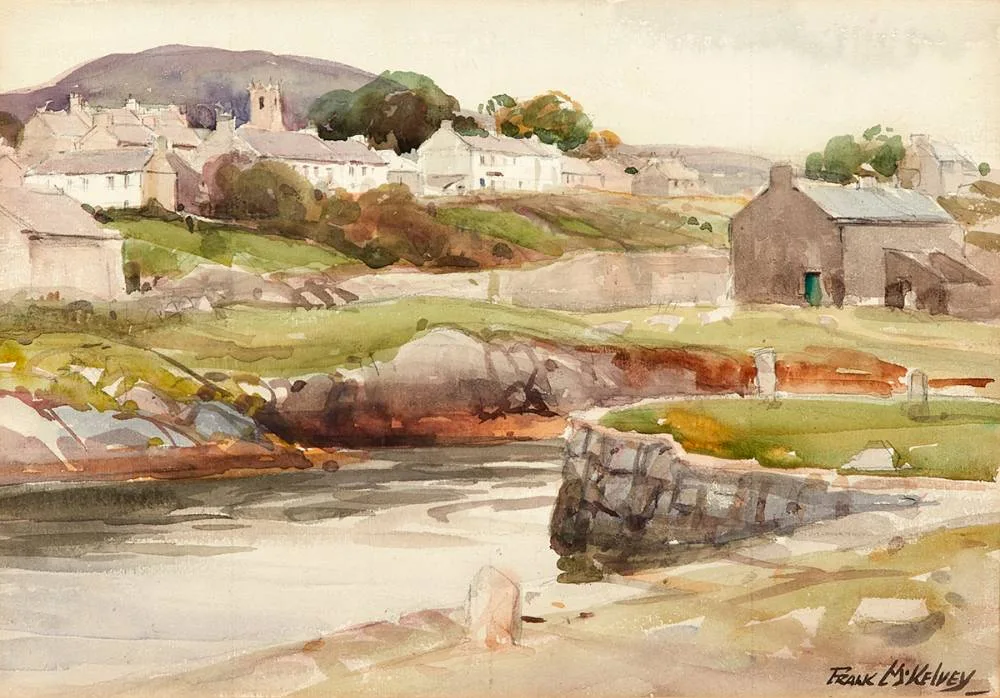 ROUNDSTONE FROM MONASTERY PIER, COUNTY GALWAY by Frank McKelvey, watercolour, offered Oct 2021