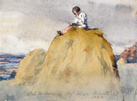 Hilda Roberts, ETHEL [READING ON A HAYSTACK], 1924, watercolour and pencil