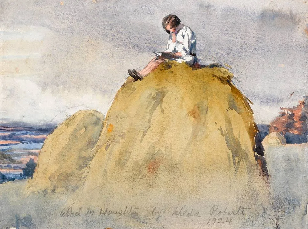 Hilda Roberts, ETHEL [READING ON A HAYSTACK], 1924, watercolour and pencil
