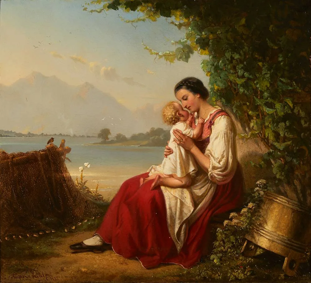 August von Heckel, MOTHER AND CHILD BY FISHING NETS WITH MOUNTAINS IN THE DISTANCE, 1853, oil on canvas