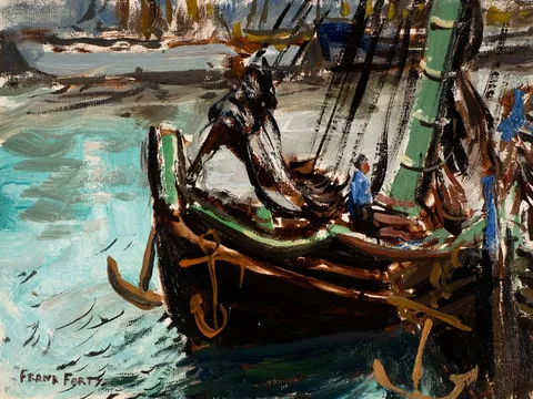 SAILBOAT AT THE QUAY and BOATS IN THE HARBOUR (A PAIR) by Frank Forty, oil on canvas mounted on card; (2); (unframed), sold Oct 2021