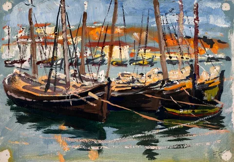 SAILBOATS, SETÚBAL, 1967 and ROWBOATS (A PAIR) by Frank Forty, oil on canvas mounted on card; (2); (unframed), offered Oct 2021