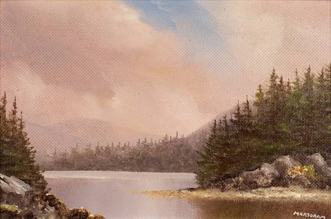 LAKE AND CONIFER FOREST by Gerry Marjoram, oil on board, offered Oct 2021