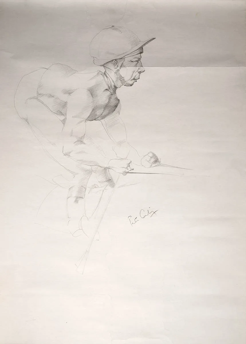 LESTER PIGGOTT by Peter Curling, pencil; (unframed), offered Oct 2021