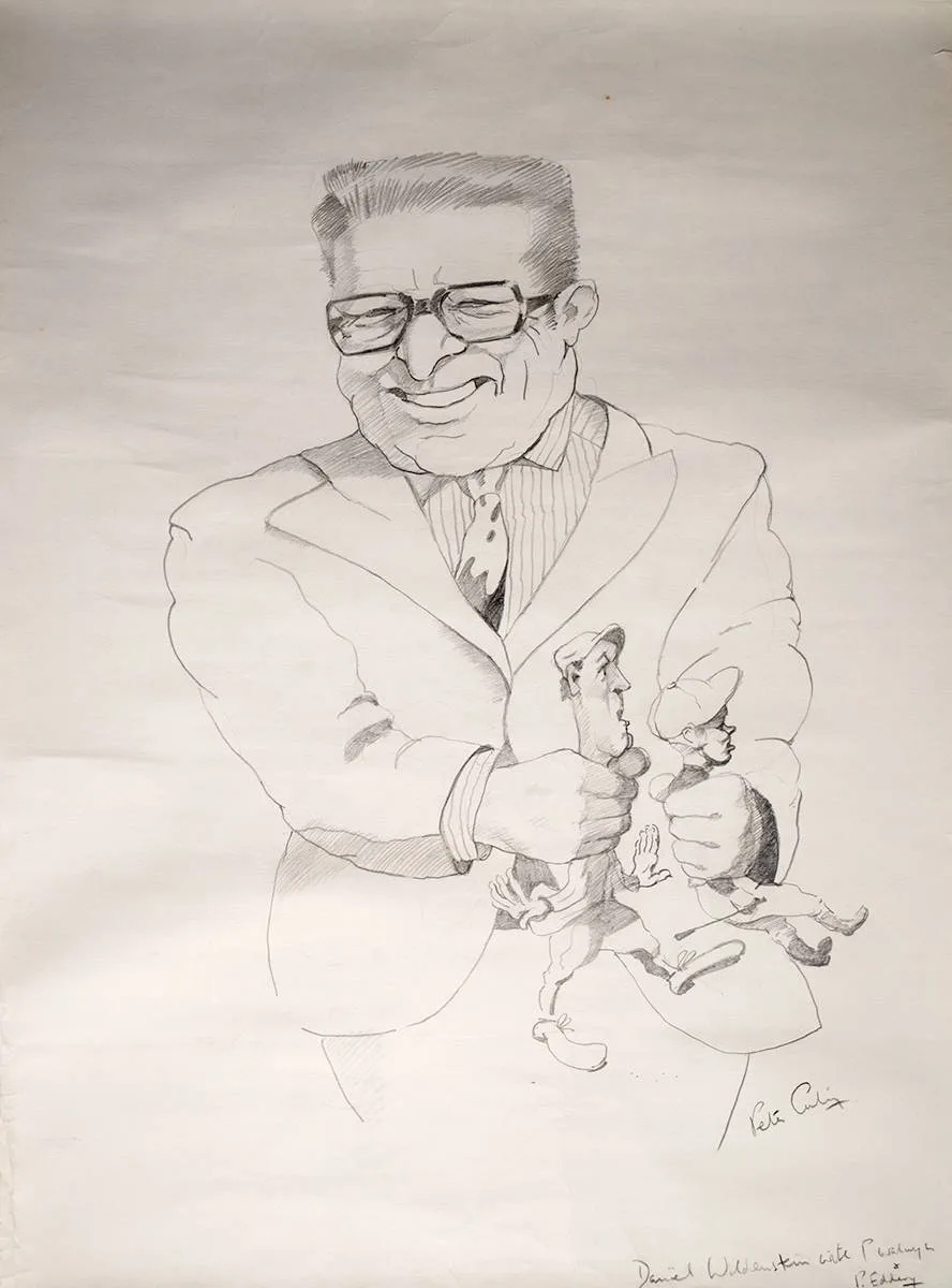 DANIEL WILDENSTEIN WITH PETER WALWYN AND PAT EDDERY by Peter Curling, pencil; (unframed), offered Oct 2021