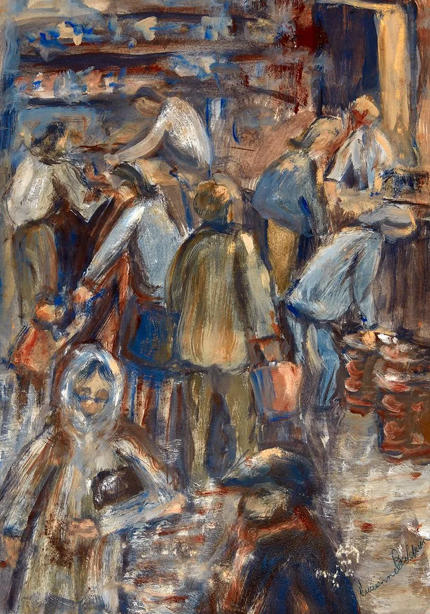 THE CORNER SHOP by Vivienne Baldwin, gouache, offered Oct 2021