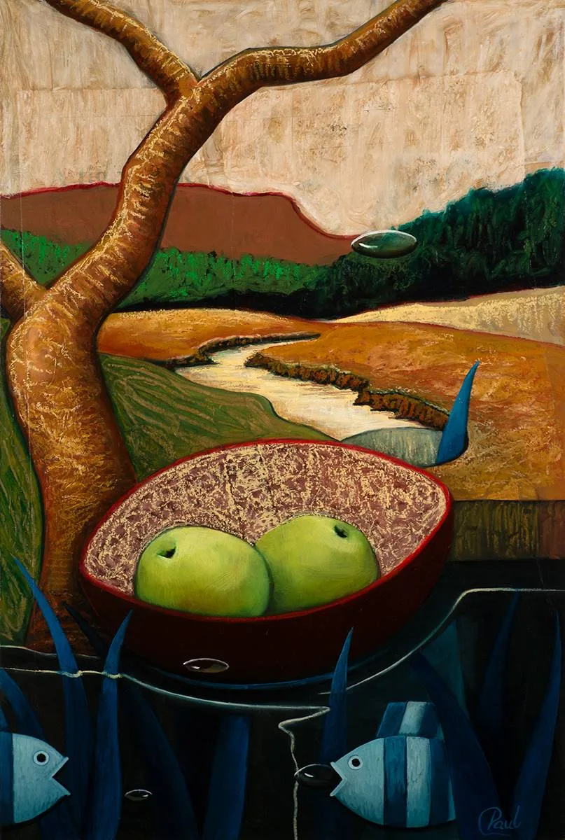 Paul D'Arcy, FISH AND FRUIT BEFORE A LANDSCAPE, oil on wood