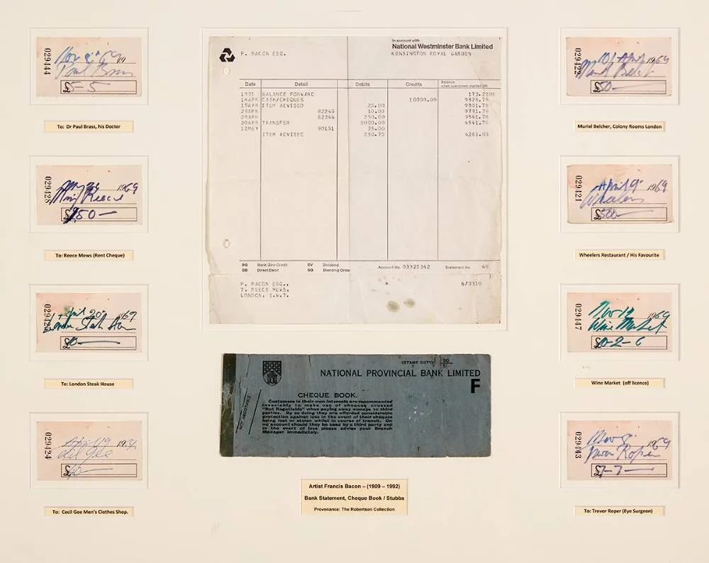 BANK STATEMENT, CHEQUE BOOK/STUBBS by Francis Bacon, framed and mounted documents, offered Oct 2021
