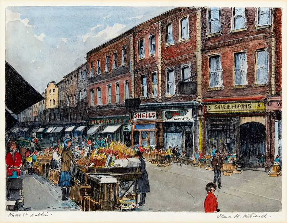 MOORE STREET, DUBLIN by Flora Mitchell, watercolour and ink, sold Sep 2021