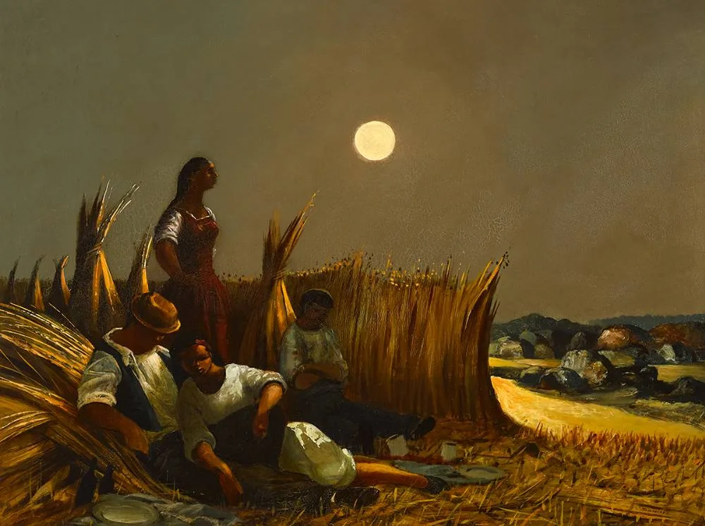 HARVESTERS PICNIC by Daniel O'Neill, oil on board, sold Sep 2021
