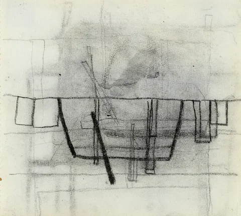 William Scott, STILL LIFE WITH PAN AND GLASSES, c. 1953, charcoal and wash on paper