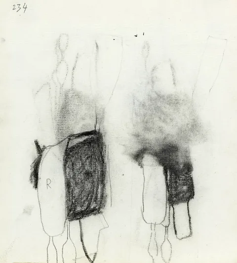 William Scott, STILL LIFE WITH KITCHEN UTENSILS, c. 1960, charcoal on paper