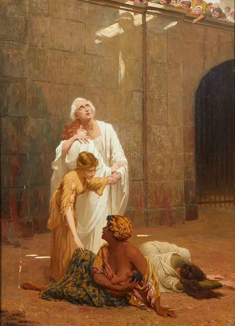 Saint George Hare, A MARTYR AND FOUR FEMALE FIGURES IN AN AMPHITHEATRE, oil on canvas