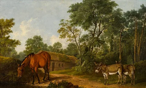 Thomas Roberts, HORSES AND DONKEYS IN WOODED LANDSCAPE, oil on canvas