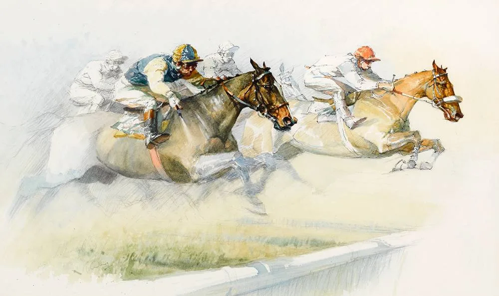 RACING SCENE by Peter Curling, watercolour and ink, sold Sep 2021