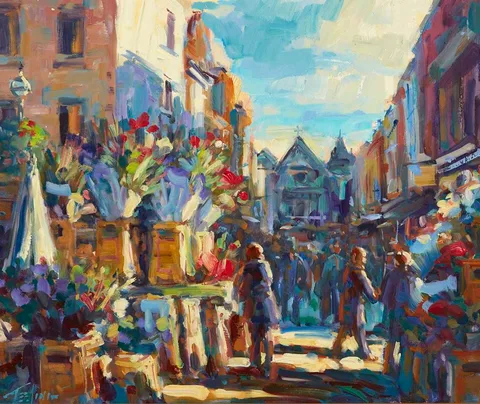 FLOWER SELLERS, GRAFTON STREET, DUBLIN by Norman Teeling, oil on board, sold Jun 2021