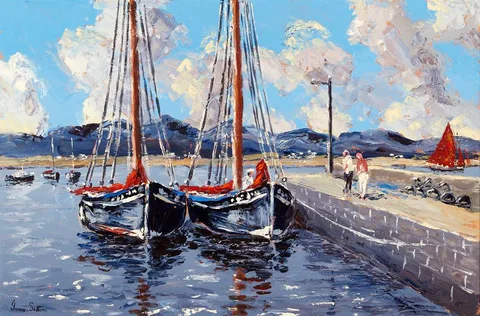 Ivan Sutton, GALWAY HOOKERS, ROUNDSTONE HARBOUR, COUNTY GALWAY, oil on board