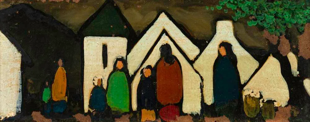 SEVEN FIGURES AND COTTAGES by Markey Robinson, oil on board, sold Jun 2021