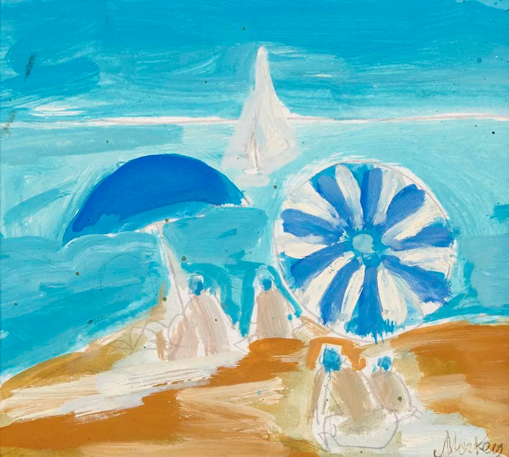 BEACH SCENE by Markey Robinson, gouache and pencil, sold Jun 2021