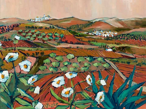 Patrick Viale, EVENING FIELDS TOWARDS OLVERA, SPAIN, oil on board