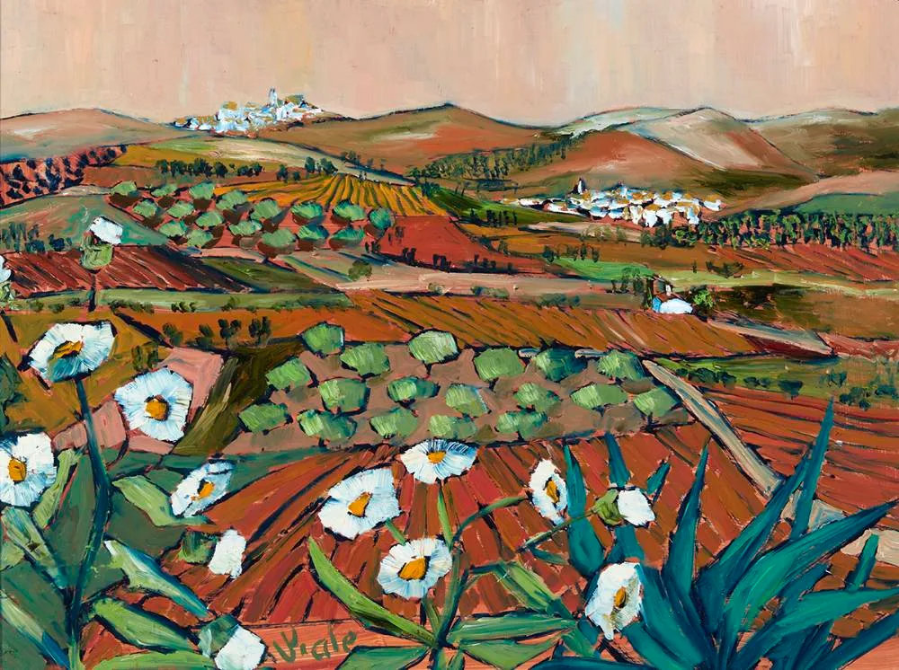 Patrick Viale, EVENING FIELDS TOWARDS OLVERA, SPAIN, oil on board
