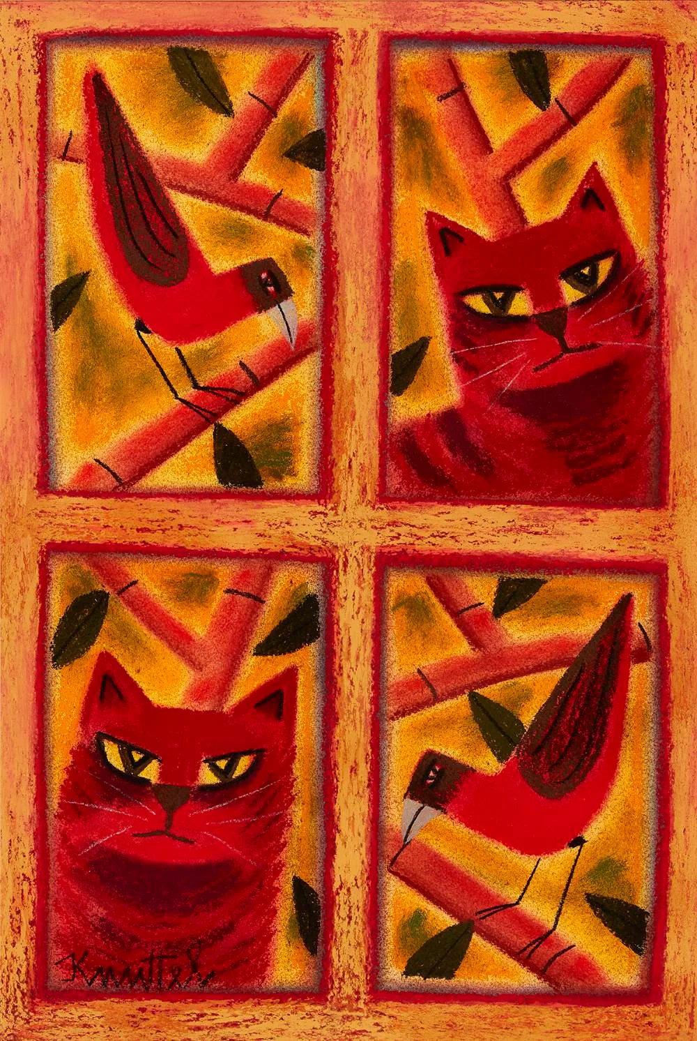 CAT AND BIRD by Graham Knuttel, pastel, sold Jun 2021