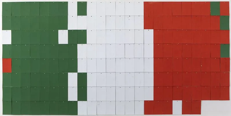 Adrian Gollner, THE FLAG OF IRELAND AS REARRANGED BY POST, postcards and paint