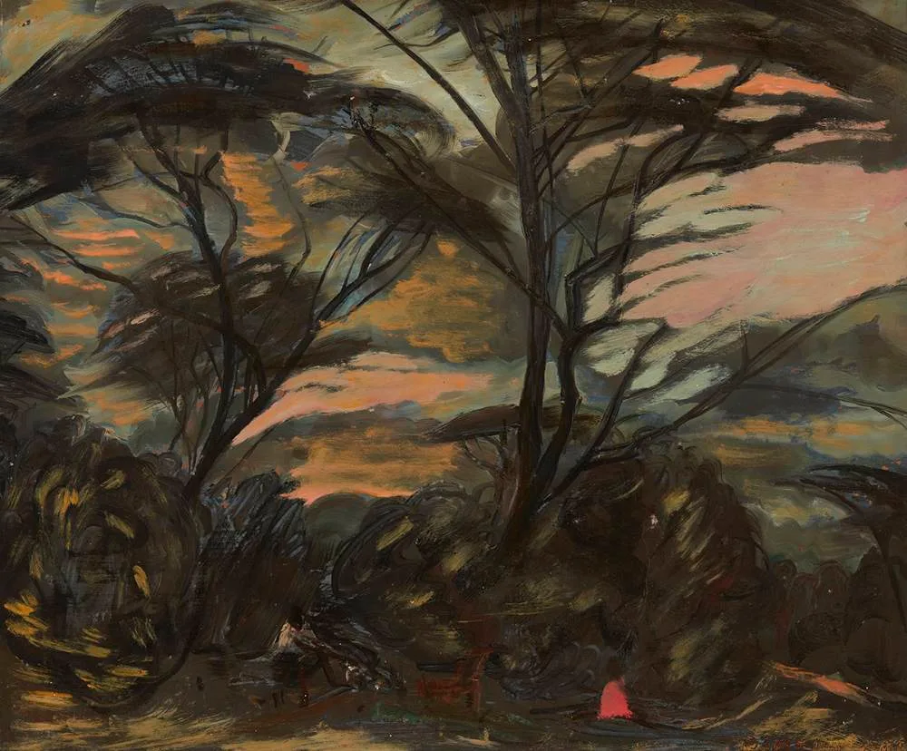 PACKING UP THE CAMP AT BARSALOI, KENYA by Pamela Drew, 1958, oil on board, sold Jun 2021