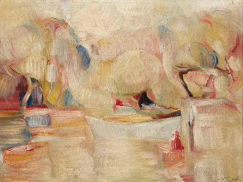 Eugene Judge, RIVER SCENE [BY THE SEINE], 1940, oil on canvas board
