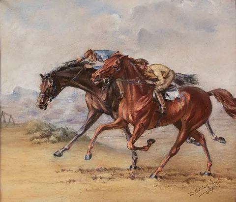 EARLY MORNING, WORKING UP WELSH'S HILL, THE CURRAGH by Zita Hartigan, 1950, pastel, sold Jun 2021
