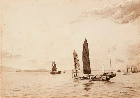 Henry George Gandy, JUNKS AND STEAMBOAT IN HONG KONG HARBOUR, pencil and wash