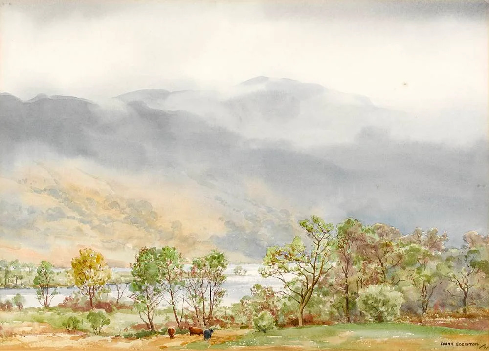 LAKE SCENE WITH CATTLE by Frank Egginton, 1971, watercolour, sold Jun 2021
