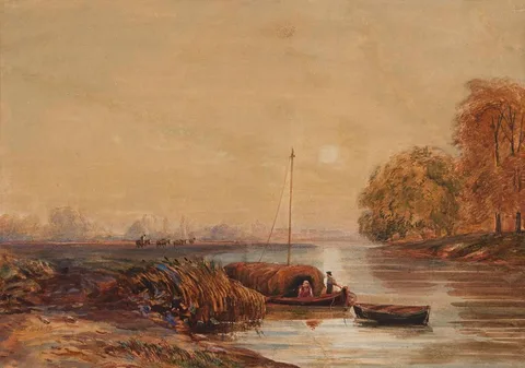 Andrew Nicholl, LAKE SCENE WITH FIGURES ON A BOAT, watercolour