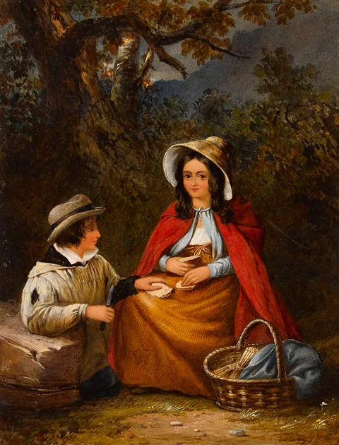 Samuel McCloy, COUPLE ON A ROADSIDE, watercolour and gouache heightened with white