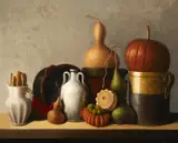 Stuart Morle, STILL LIFE WITH TERRACOTTA OBJECTS AND GOURDS