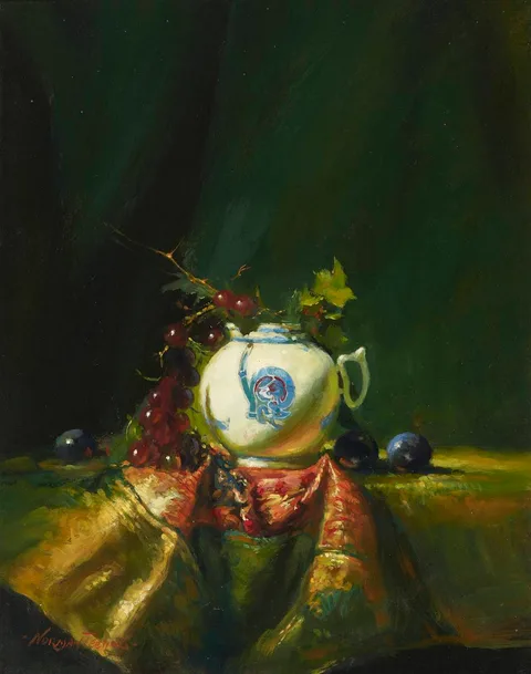 Norman Teeling, STILL LIFE WITH TEAPOT AND FRUIT, oil on board