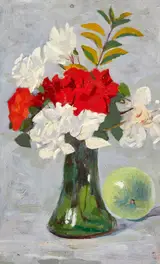 Michael Healy, ORANGE AND WHITE FLOWERS IN A GREEN, BELL-BOTTOMED VASE