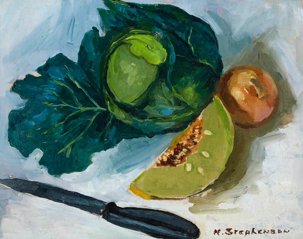 STILL LIFE WITH CABBAGE by Nuala Stephenson, oil on board, sold Jun 2021