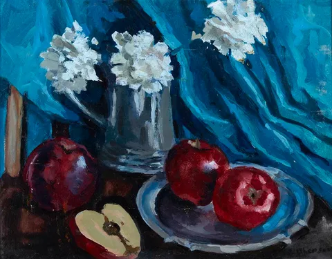 Nuala Stephenson, STILL LIFE WITH APPLES AND TANKARD, oil on board
