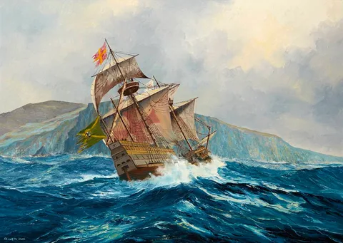 Kenneth King, SHIP OF THE ARMADA OFF THE COAST OF DONEGAL [1588], 1991, oil on board