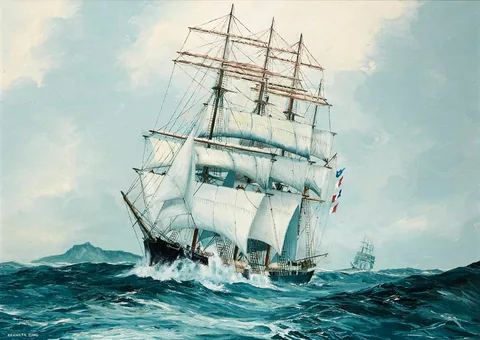 Kenneth King, FOUR MAST BARQUE, HOWTH OF DUBLIN, OFF CAPE HORN BOUND SAN FRANCISCO, 1991, oil on board