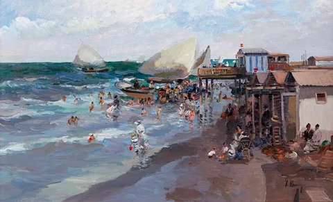Jose Luis Checa Galindo, PLAYA [BEACH SCENE], oil on board