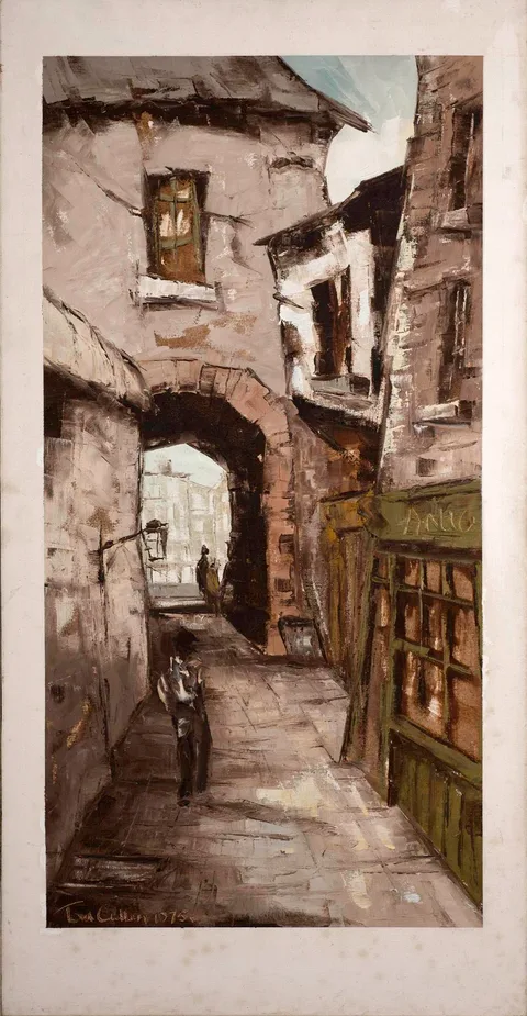 Tom Cullen, MERCHANT'S ARCH, DUBLIN, 1975, oil on canvas; (unframed)