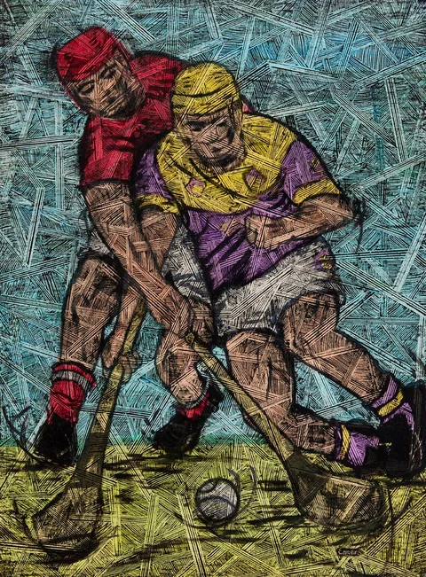 THE GAME OF HURLING by Valerie Enners, pastel and gouache, offered Jun 2021