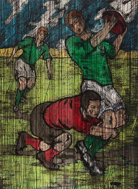 THE TACKLE by Valerie Enners, pastel and gouache, offered Jun 2021