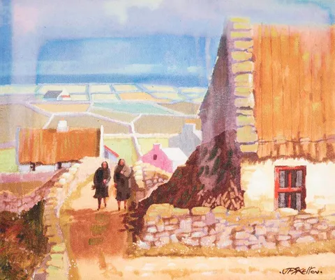 SHAWLIES AND COTTAGES by John Francis Skelton, print and acrylic on canvas; (unframed), sold Jun 2021