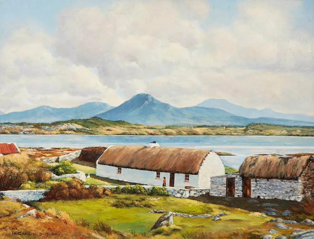 W Carlin, THATCHED COTTAGE, RENVYLE PENINSULA, CONNEMARA, 1992, oil on canvas board