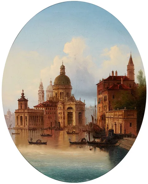 SANTA MARIA DELLA SALUTE, VENICE and RHINE RIVER SCENE (A PAIR) by Johann Wilhelm Jankowski, oil on canvas; (2), sold May 2021